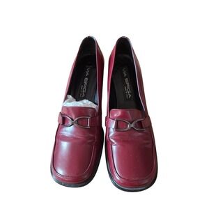 Via Spiga Red Leather Horsebit Loafers Women's 7.5 Block Heel Made in Italy